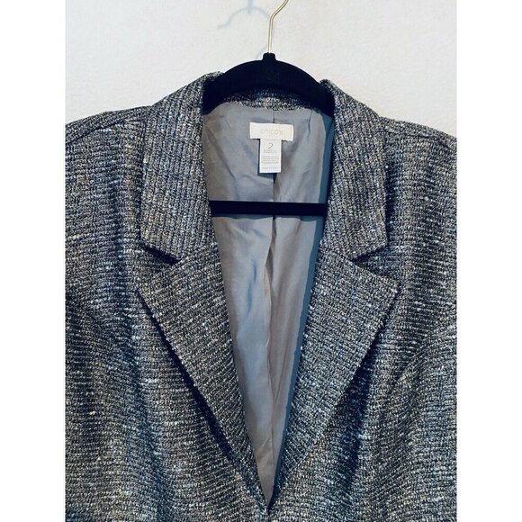 Chicos Blazer Womens Large Gold Metallic Tweed Zippered Pockets Work Career - Picture 2 of 6